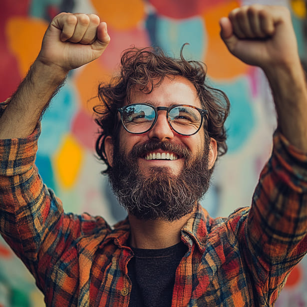 Happy person completes his challenge